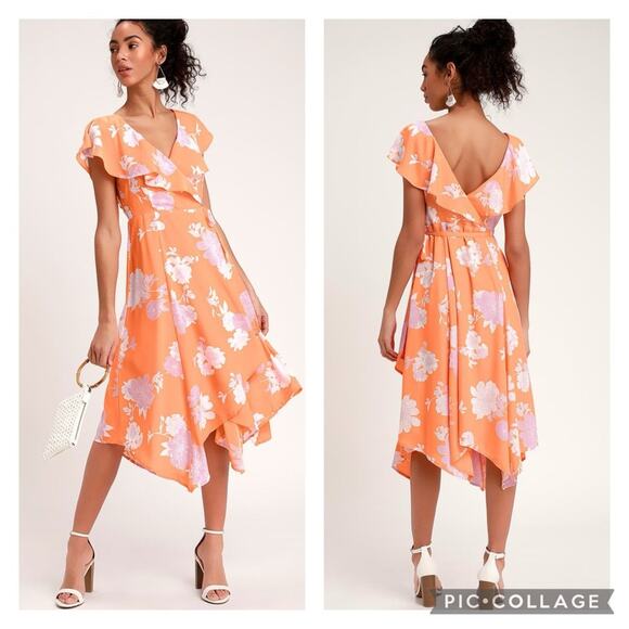 Lulus Dresses & Skirts - NEW Lulus Orange Pink Floral Print Ruffled Garden of Joy Wrap Dress Medium